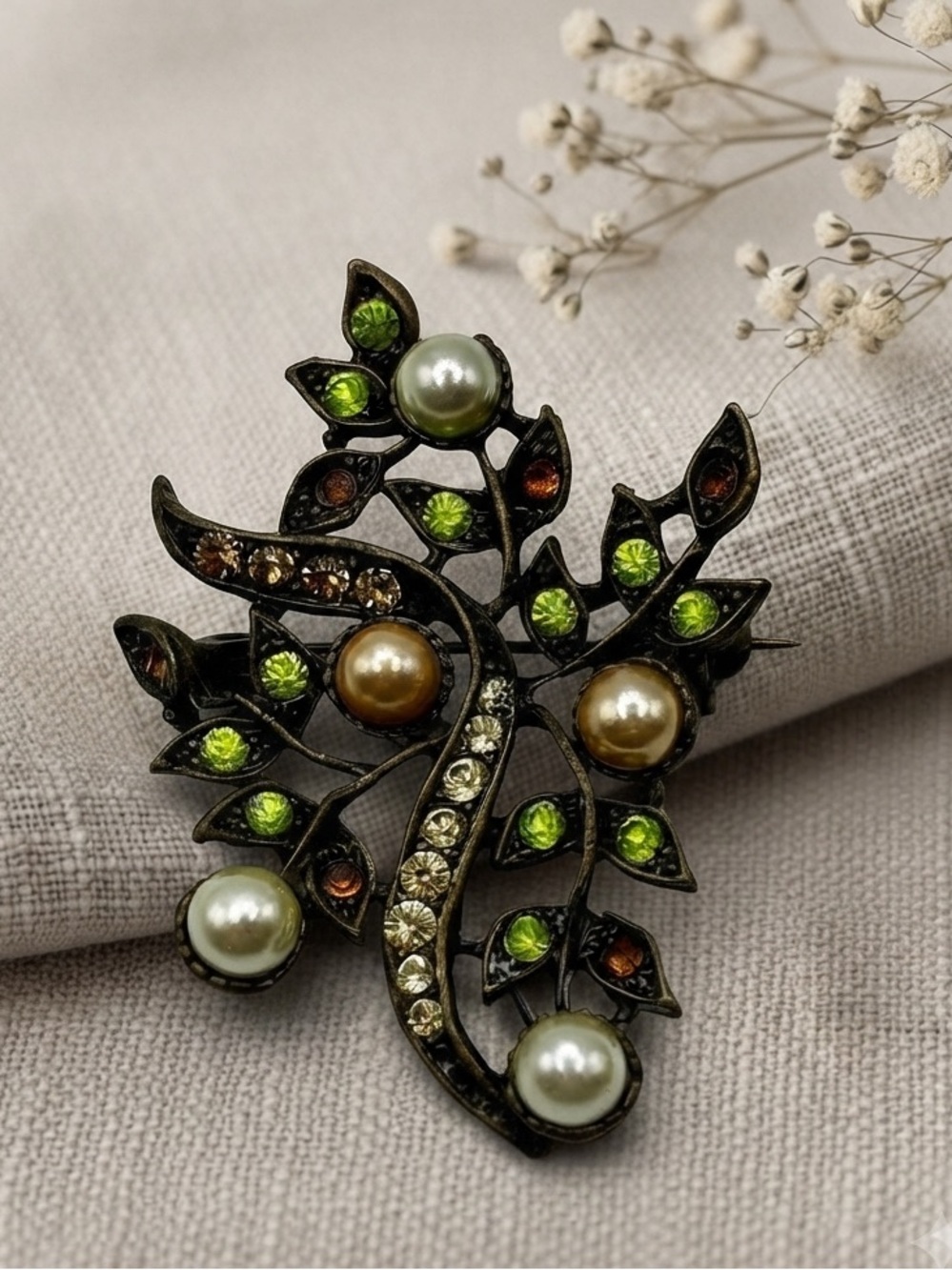Vintage Mid-Century Faux Pearl & Peridot Green Rhinestone Brooch - Signed Canada
